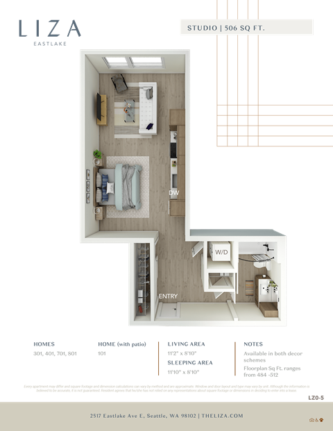 Liza Apartment 3D floor plan - studio 506 sqft